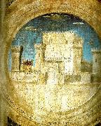 detail of the castle from st sigismund and sigismondo, Piero della Francesca